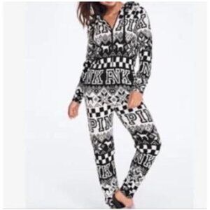Victorias Secret PINK One Piece Pajama Hoodie, XS, White & Black